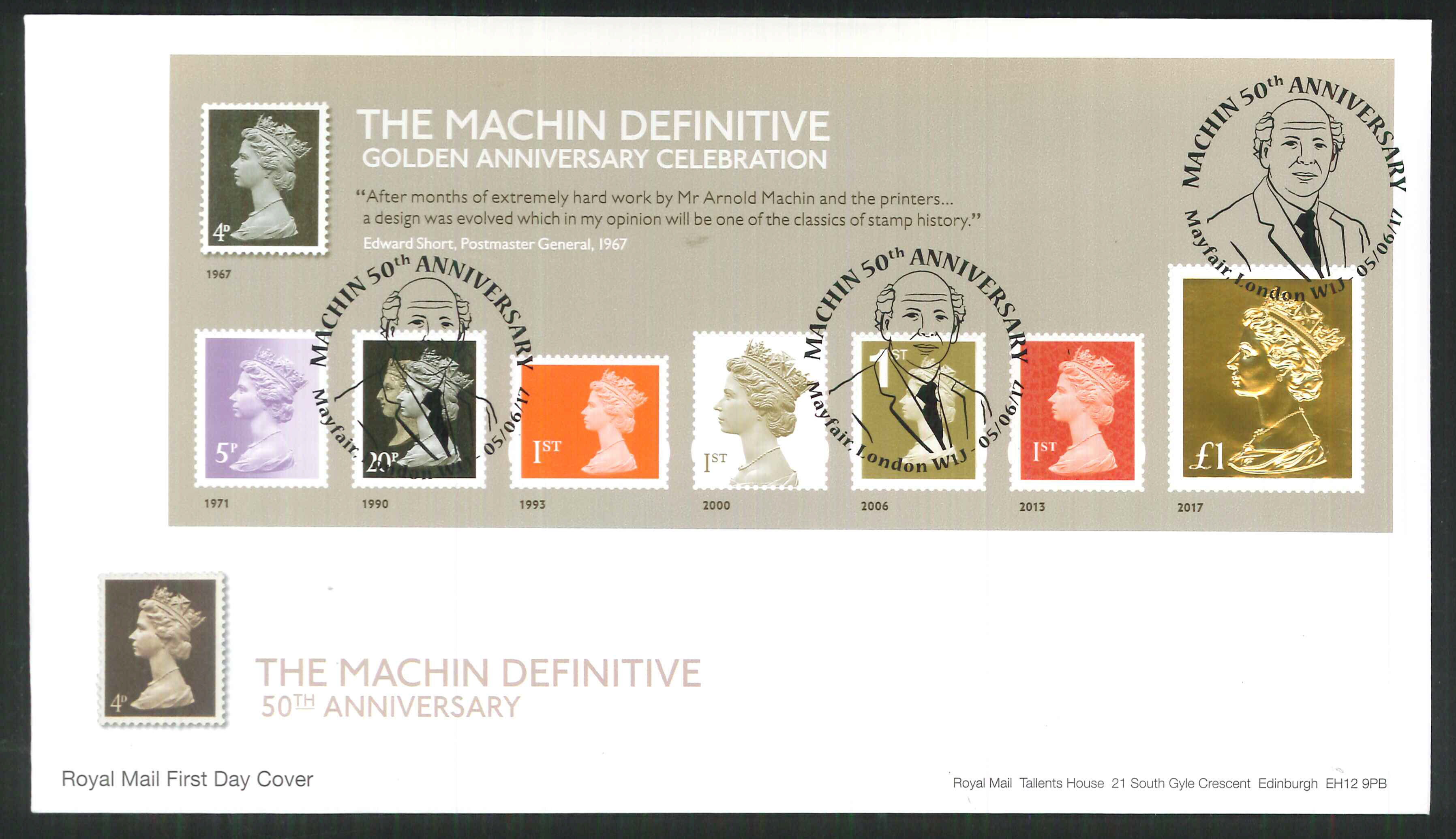2017 - First Day Cover Machin Mini Sheet Gold Mayfair London Postmark - Click Image to Close